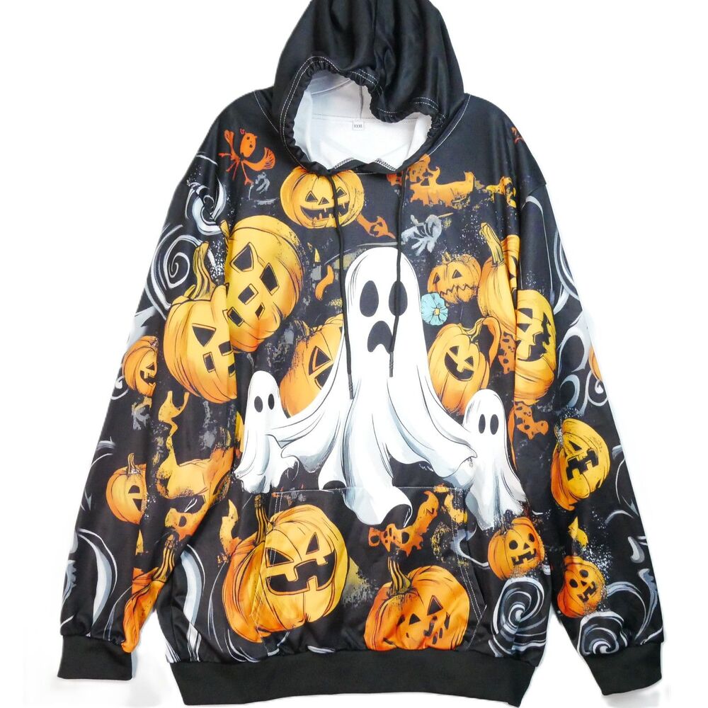 Halloween Theme Mens Size 3XL Hoodie All Over Print Pullover Front Pockets